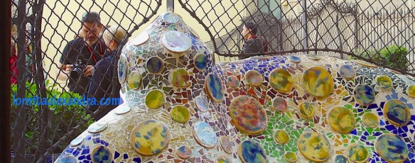 An Antoni Gaudí ceramic mosaic sculpture, on the terrace garden at Casa Batlló, Passeig de Gracia, 43, Barcelona, Spain