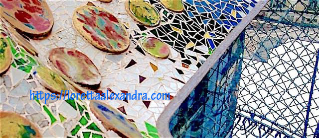 Mosaic tile detail, in the terrace garden of Antoni Gaudí’s Casa Batlló, Barcelona, Spain.
