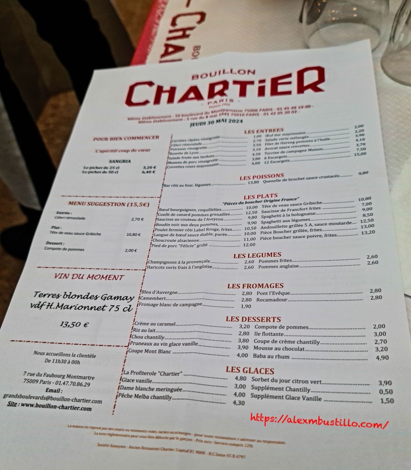 La Carte, Bouillon Chartier Grands Boulevards, Jeudi 30 Mai 2024