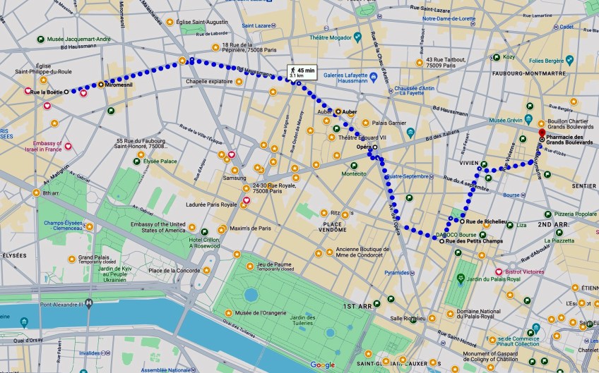 Métro Miromesnil, Rue La Boétie to Rue des Petits-Champs to Rue de Richelieu to Pharmacie des Grands Boulevards, 178 Rue Montmartre, 75002 Paris